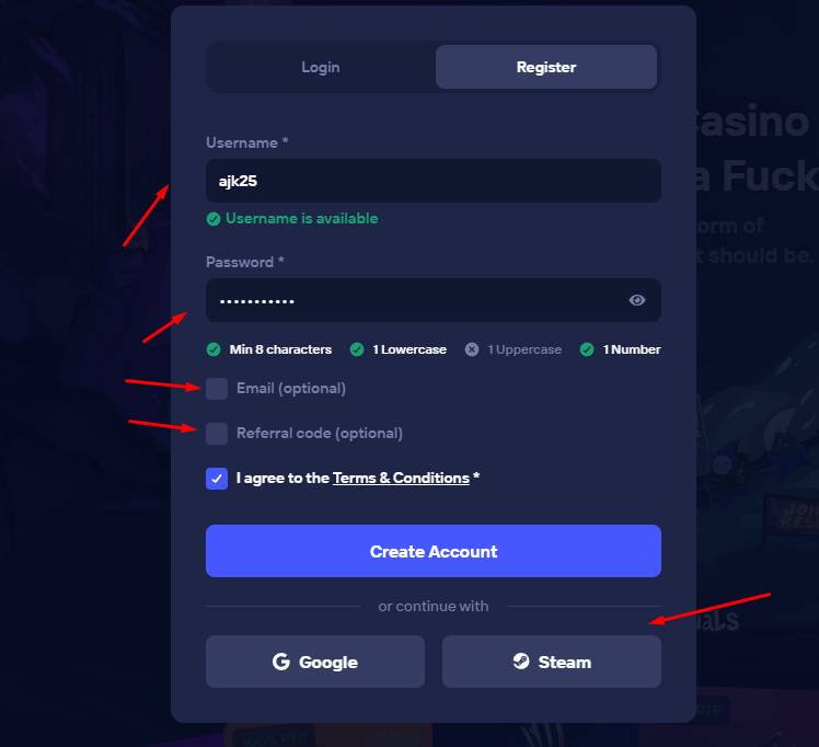 Formularz rejestracyjny Duel z polem Referral code