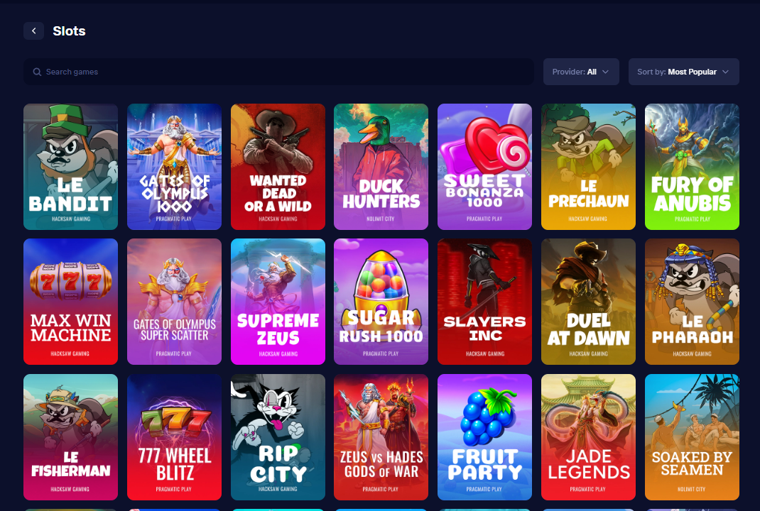 Lobby Duel Casino z wyszukiwaniem i kartami gier
